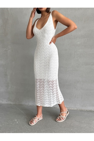 Kadın Askılı Ajurlu Yazlık Triko Elbise Ekru