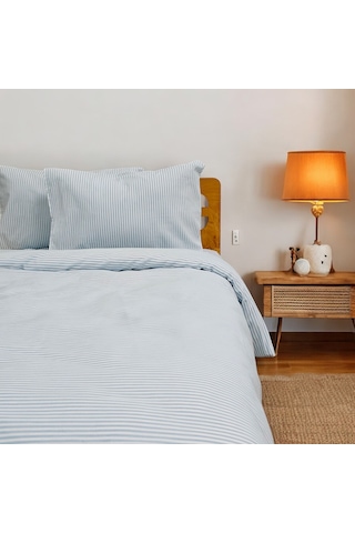 Çift Kişilik %100 Pamuk Düz İnce Çizgili Nevresim Takımı | Turkuaz Mavi & Beyaz | 4 Parça | Yumuşak Dokulu Turkuaz Mavi