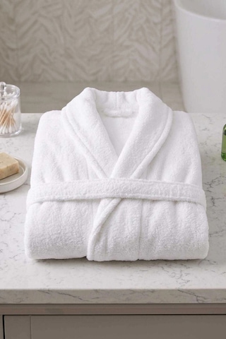Unisex Şal Yaka Banyo Bornozu %100 Pamuk Beyaz Yetişkin Kadın Erkek S-m