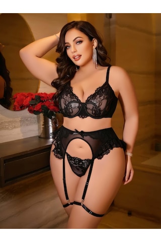 Kadın Büyük Beden Dantel Detaylı Fantezi Jartiyer Takımı 8010 Siyah