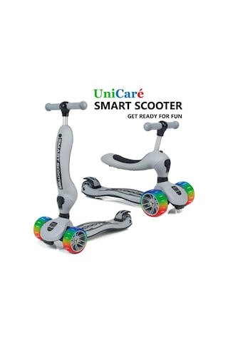 Smart Oturaklı Çocuk Scooter 3 Tekerlekli Işıklı Ledli Scooter Yükseklik Ayarlı 1-5 Yaş Gri