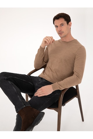 Cacharel Camel Slim Fit Yün Karışımlı Bisiklet Yaka Basic Triko Kazak Kahverengi