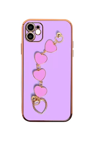 Ally Apple iPhone Uyumlu 12 6.1inç Kılıf Kalp Bileklik Tutuculu Lüx Silikon Askılı Kılıf- 5775 Mor