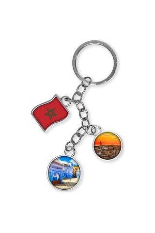 Fas Üçlü Epoksi Metal Çift Taraflı Damla Anahtarlık Morocco Gümüş