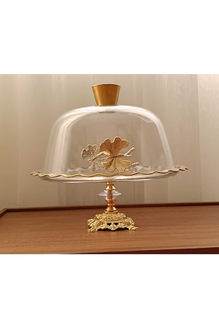 Elta Collection Gold Metal Ayaklı Cam Kapaklı Kek - Pasta Stantı Fanus Kelebekli