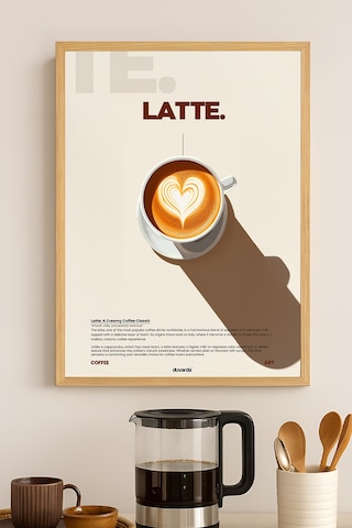 Latte Kahve Doğal Ahşap Çerçeveli Poster, Dekoratif Duvar Tablosu