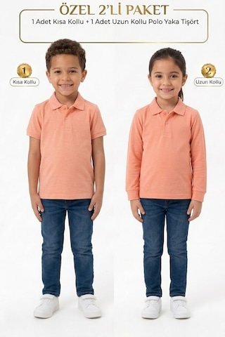 Nacar Store Unisex Çocuk Uzun Ve Kısa Kollu Polo Yaka Okul Tişörtü 2'li Set Somon