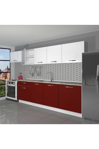 Decoraktiv Smart 280 Mdf Hazır Mutfak Dolabı - Tezgah Dahil - Bordo Beyaz Beyaz - Kırmızı