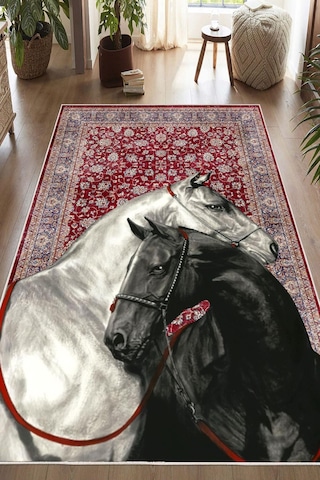 Yıkanabilir Modern Sanat Temalı At Desenli Bordo Dijital Baskı Halı