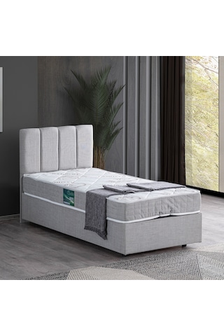 Setaymobilya Baza, Tek Kişilik Defne Baza+Başlık +Comfort Yatak Seti, Açık Gri