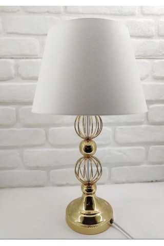 Gold Altın Renk Tel Toplu Metal Ayaklı Beyaz Şapkalı Abajur Altın - Beyaz