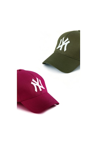 Unisex 2'li Set Bordo ve Haki Renk Ny New York Beyzbol Şapka - Unisex Bordo - Haki