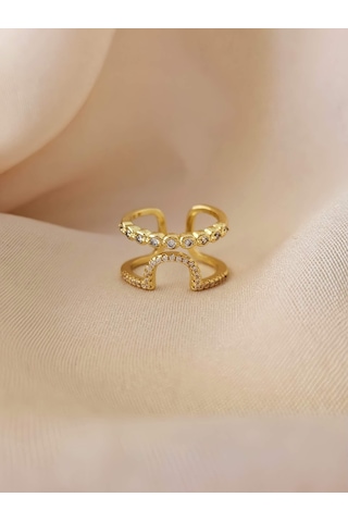 Oval İki Sıralı Taşlı Model Ayarlanabilir Gold Altın Renkli Yüzük Gold