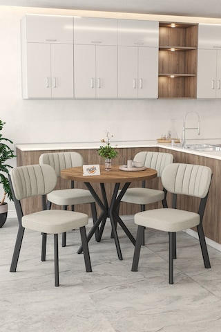 Gnr 90cm Sabit Atlantik Mutfak Masası Takımı, Yemek Masası, 4 Modern Krem Sandalye Krem