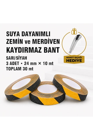 Suya Dayanımlı Sarı / Siyah Kaydırmaz Bant 24 Mm X 10 Mt 3 Lü Set Maket Bıçağı Hediyeli