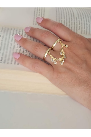 Şahmaran Damla Başak Model Zirkon Taşlı Ayarlanabilir Gold Altın Renkli Yüzük Gold