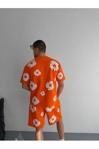 Assema Erkek İki İplik Kumaş Baskılı T-shirt Şortlu Alt-üst Takım- Turuncu Çok Renkli