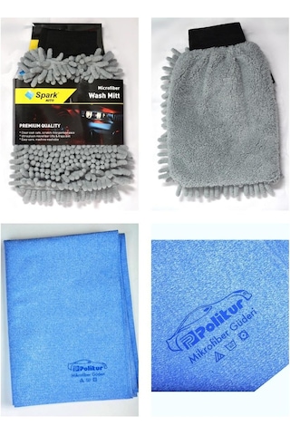 Spark 7050 Şönil Oto Temizlik Eldiveni & Polikur 3356 Mikrofiber Güderi Oto Kurulama Bezi 2'li Set