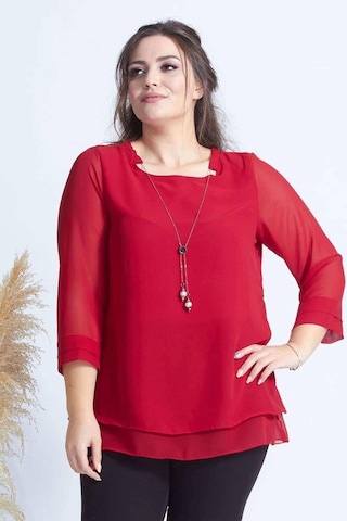 Moda Berray 1934 Kolyeli Şifon Büyük Beden Şık Bluz Kırmızı Kırmızı