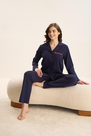 Kadın Uzun Kol Önden Düğmeli Lacivert Pijama Takım C3t9n9o51 001