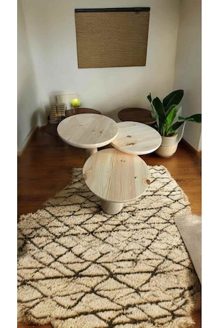 Ahşap Mantar Sehpa 3 Lü Set Naturel Renk Masif Zigon Ve Fiskos Bej