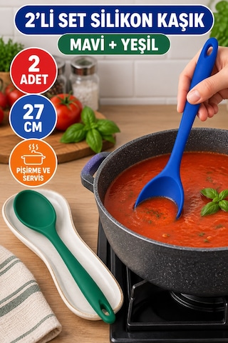 2'li Set Mavi Yeşil Büyük Boy Silikon Kaşık 27 Cm Mutfak Yemek Pişirme Ve Servis Kaşığı 2 Renkli Set