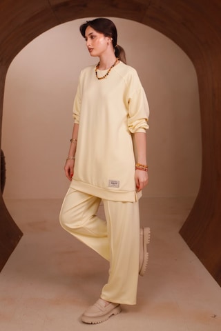 Balenbi Kadın Oysh Modal Kumaş Oversize 80 Cm Tunik Bol Paça Pantolon Tesettür Takım 1228 Sarı