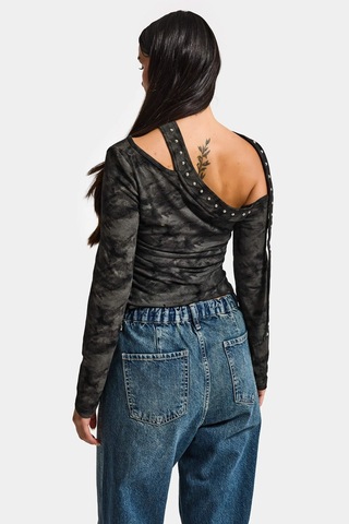 Itsbasic Kadın Siyah Antrasit W5 Asimetrik Kesim Özel Kumaş Tasarım Crop Top