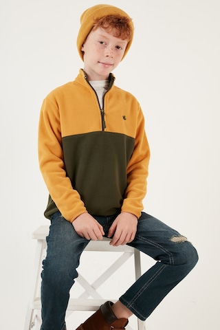 Lela Yumuşak Dokulu Yarım Fermuarlı Renk Bloklu Dik Yaka Unisex Çocuk Polar 5905004 Hardal-Haki