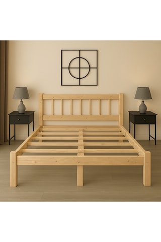 180cm X 200cm Doğal Masif Ahşap Yuvarlak Çıtalı Başlıklı Karyola Doğal Ahşap Natural Renk