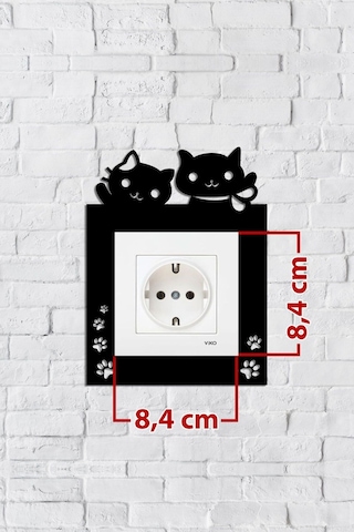 Sevimli Kedi Tasarım Priz Çerçevesi İç Ölçü 8,4x8,4 Cm Dekoratif Priz - Anahtar Çerçevesi Siyah