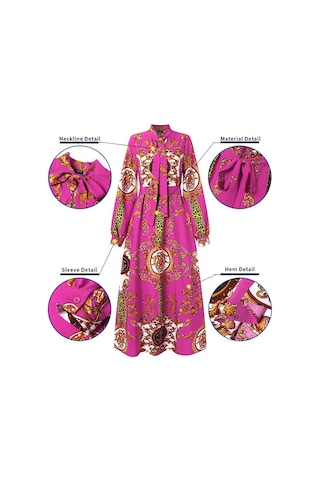 Gül Vonda Kadın Balıkçı Yaka Uzun Puf Kol Günlük Gevşek Uzun Elbise M Gül