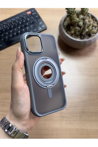 Apple Uyumlu iPhone 15 Standlı Ve Yüzüklü Magsafe Kılıf Soocase721 Gri