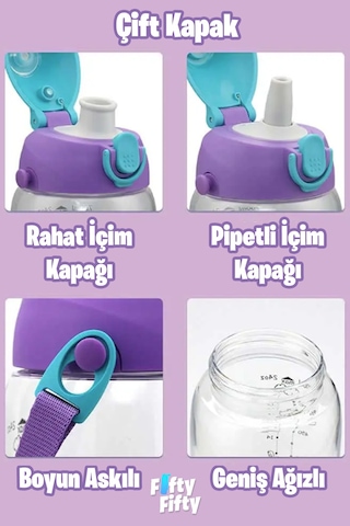 480 Ml Kılıflı 2 Ayrı Kapaklı Pipetli / Pipetsiz Tritan Çocuk Su Matarası Kırmızı-yeşil