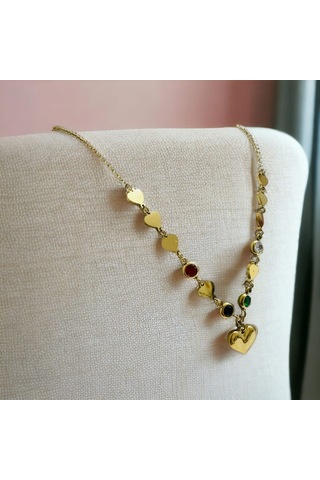 Xbaby Ucu Ve Zinciri Renkli Taşlı Kalpli Gold Kolye