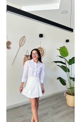 Modadua Yüksek Bel Pileli Beyaz Şort Etek A Kesim Mini Skort