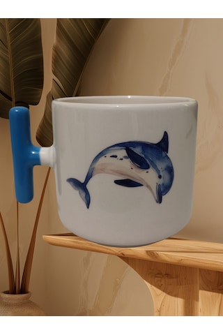 Sevimli Yunus Balığı Çift Taraf Baskılı T Kupa Bardak Mavi T