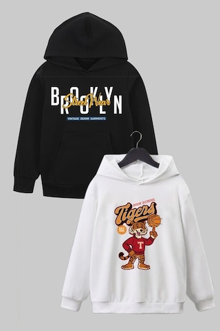Panios Kids 2'li Brooklyn-tigers Baskılı Erkek Çocuk Kanguru Cepli Kapüşonlu Beyaz-siyah Sweatshirt Beyaz - Siyah