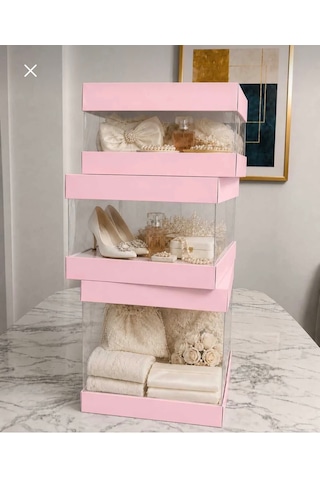 Asetat Gelin Çeyiz Bohça Kutusu Toz Pembe 3'lü Set 1 Takım Şeffaf Katlanabilir Demonte Söz Nişan Hediyelik Ölçüler Büyükboy:33 33 40cm Orta Boy: 33 33 25cm Küçük Boy: 33 33 15cm