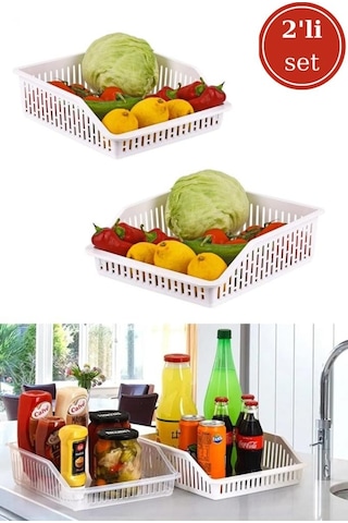 2 Adet Buzdolabı Düzenleyici, Çok Amaçlı Dolap Içi Organizer Sepet Geniş 2 Li Set Beyaz