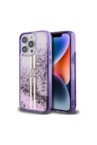 Apple Uyumlu iPhone 14 Pro Max Kılıf Guess Lisanslı Transparan Sıvılı Simli Altın Çizgili Kapak Mor
