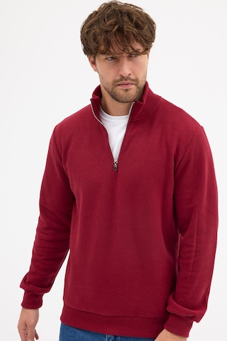 Erkek Bordo Standart Fit Normal Kesim Pamuklu Yarım Fermuarlı Dik Yaka Pamuklu Sweatshirt Bordo