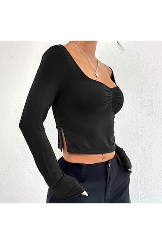 Hnxc Kadın Moda Günlük Yaz Düz Renk Baskı Uzun Kollu U Yaka Bluzlar Ve Gömlekler Beyaz