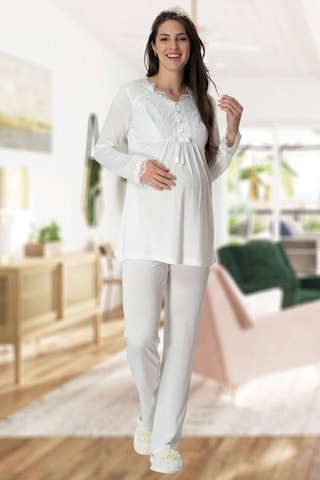Mecit Pijama Mecit 5416 Bayan Hamile Lohusa Ekru Uzun Sabahlıklı Pijama Takımı