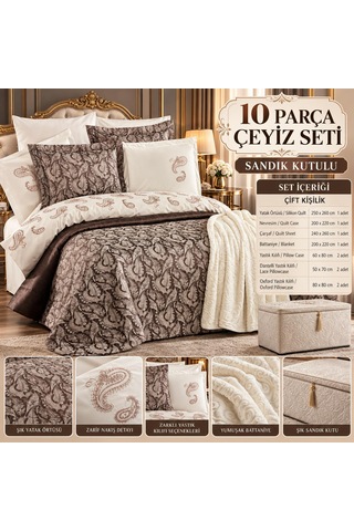 Slc Home 10 Parça Lüx Çeyiz Seti, % 100 Pamuk Nevresim, Kaşmir Battaniye, Yatak Örtüsü, Oxford Yastık Kılıfları,volanlı Yastık Kılıfı Lüx Tasarım Bej - Kahve