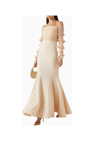 Ronanna Off-shoulder Çiçek Aplikeli Abiye Krem