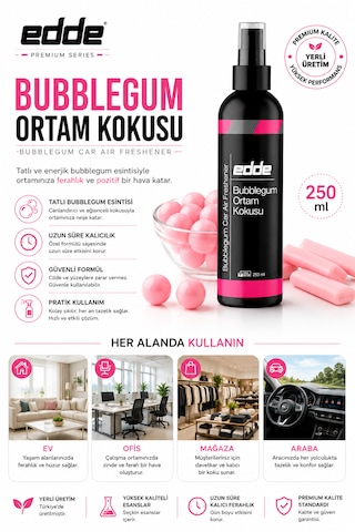 Edde Bubblegum Kokulu Ferah Kalıcı Araba Araç Oto Kokusu Araç Içi Kokuları 250 Ml Oto Parfümü Oto Detailing 250ml