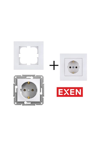 Exen Beyaz Topraklı Priz Mekanizma+çerçeve 12 Adet Priz Çerçeve