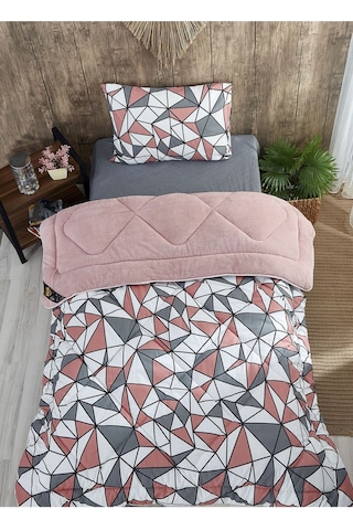 Geometrik Desenli Tek Kişilik Çift Taraflı Wellsoft Yorgan Seti - Pembe - 155x215