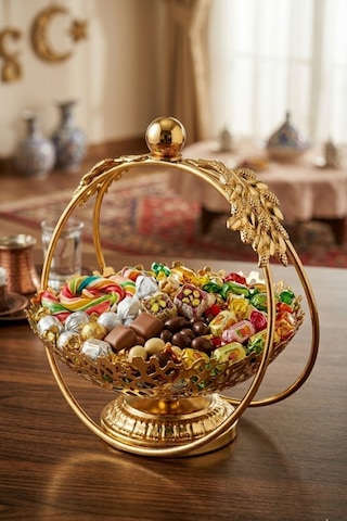 Jasper Saray Gold Yaprak Detaylı Sunumluk Şekerlik Nikah Şekerliği Nişan Sunumluğu Sunumluk Tepsisi Özel Ko